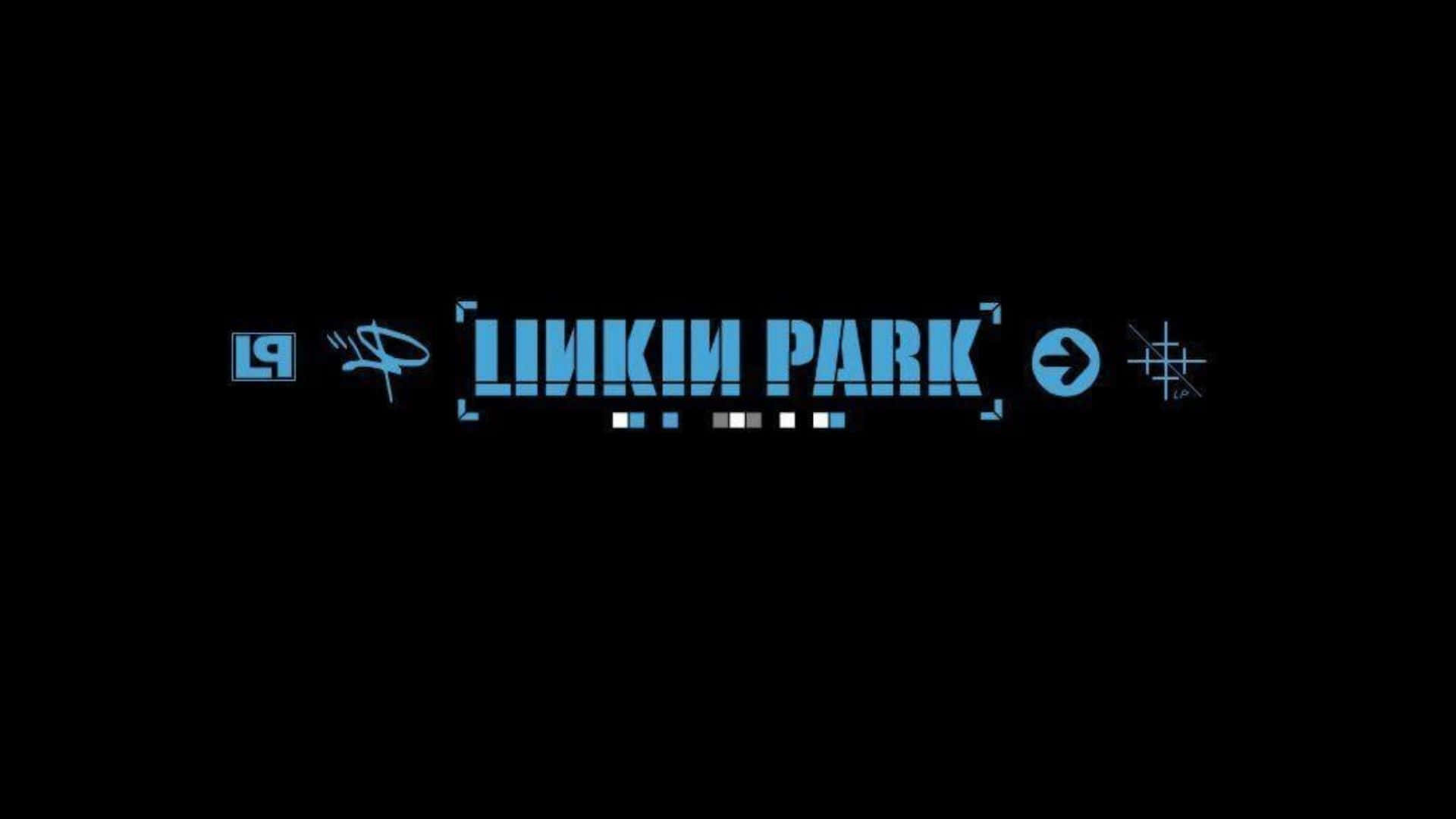  壁紙 — 藍色發光的Linkin Park標誌居中於黑色背景上，帶有抽象符號和像素點。