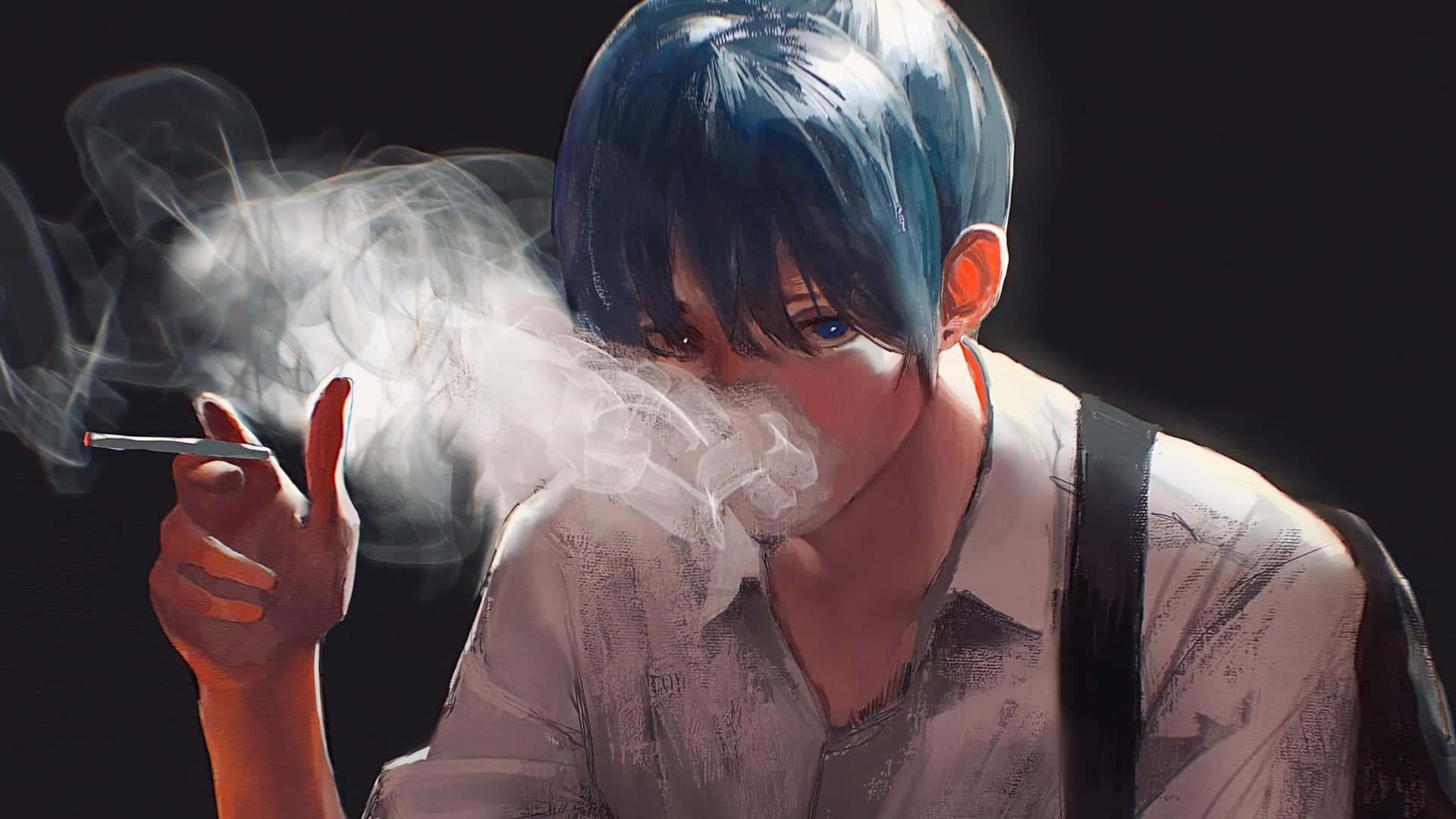  壁紙 — 一個藍髮動漫男孩在黑暗背景下吸煙，呼出煙霧。