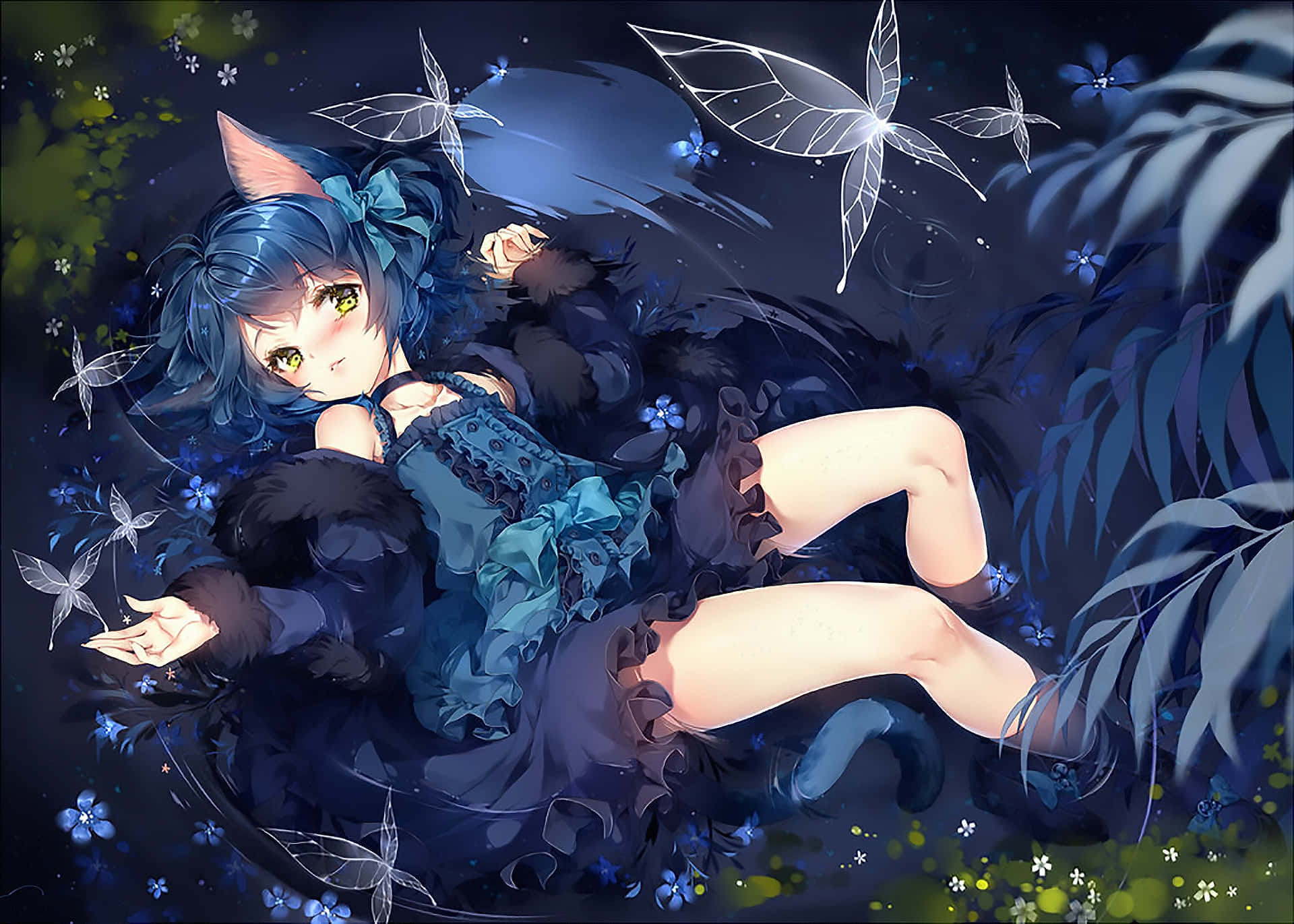 藍髮貓耳動漫女孩在夜晚被發光的蝴蝶和花朵環繞。 — 唯美蝴蝶動圖 壁紙