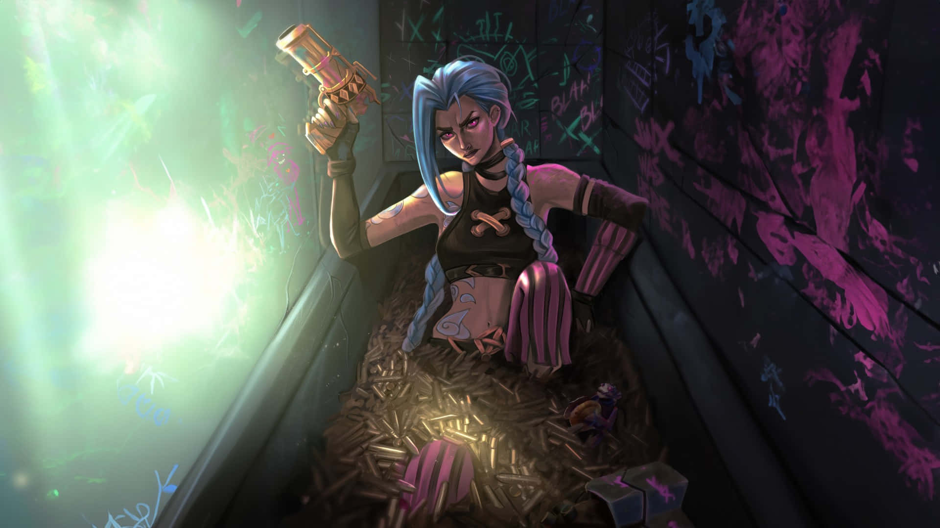  壁紙 — 一位藍髮紋身動漫女孩坐在霓虹燈小巷中，手持發光武器，周圍散落著子彈和塗鴉。