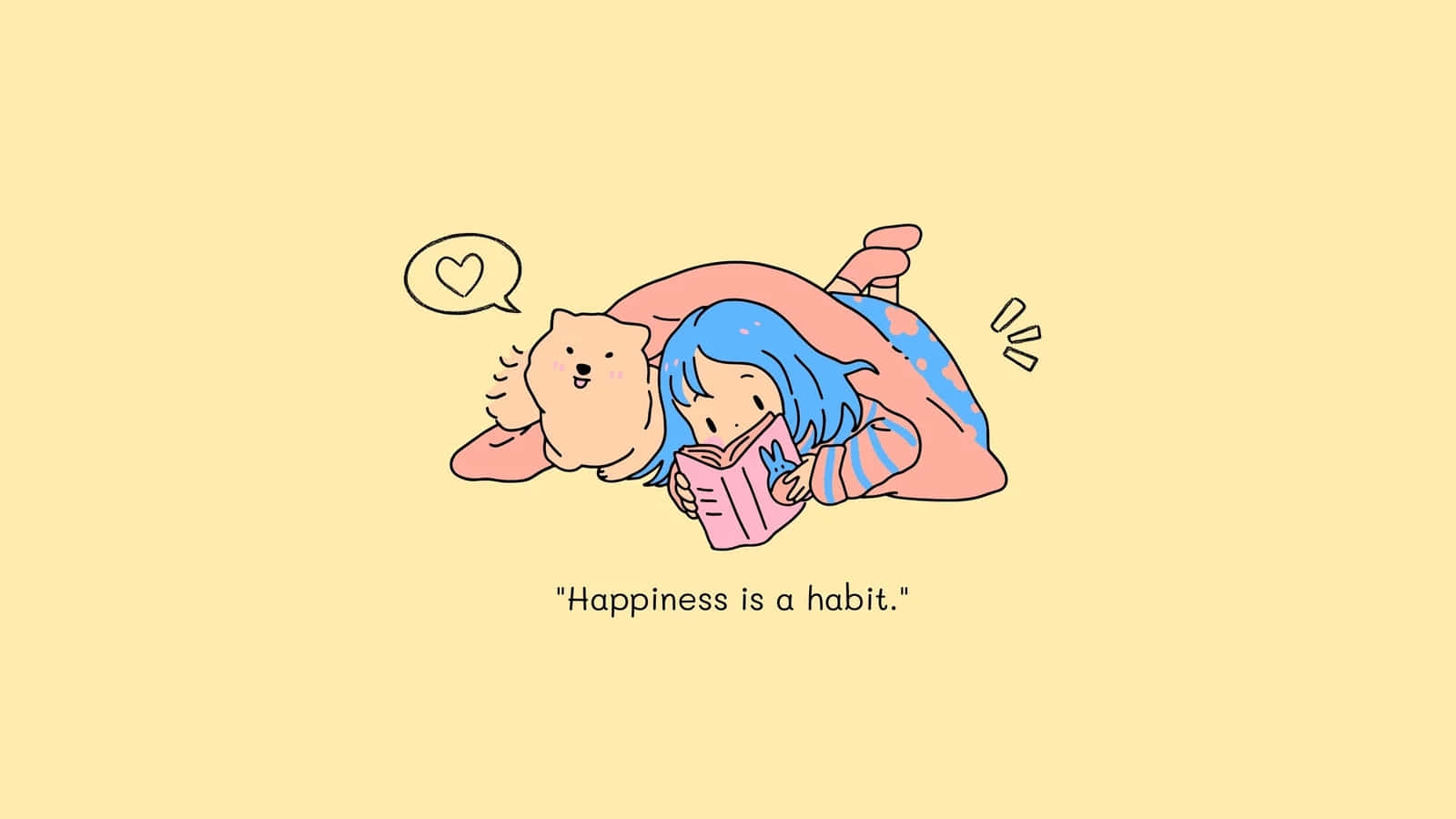  壁紙 — 一個藍髮女孩穿著睡衣，在柔和的黃色背景上閱讀一本粉紅色的書，同時擁抱一隻微笑的貓。