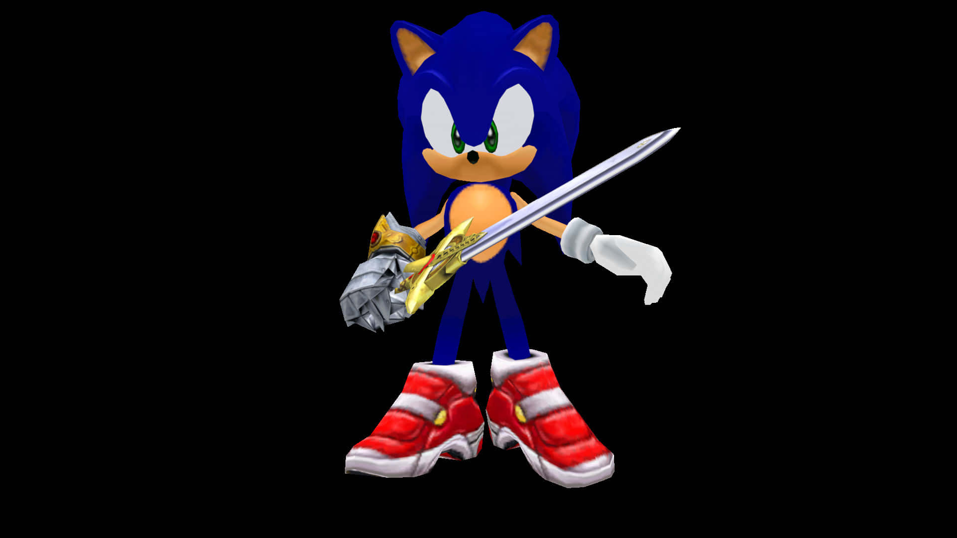  壁紙 — 藍色刺蝟 Sonic the Hedgehog 手持閃亮劍和裝甲護手，在純黑背景前擺出姿勢。