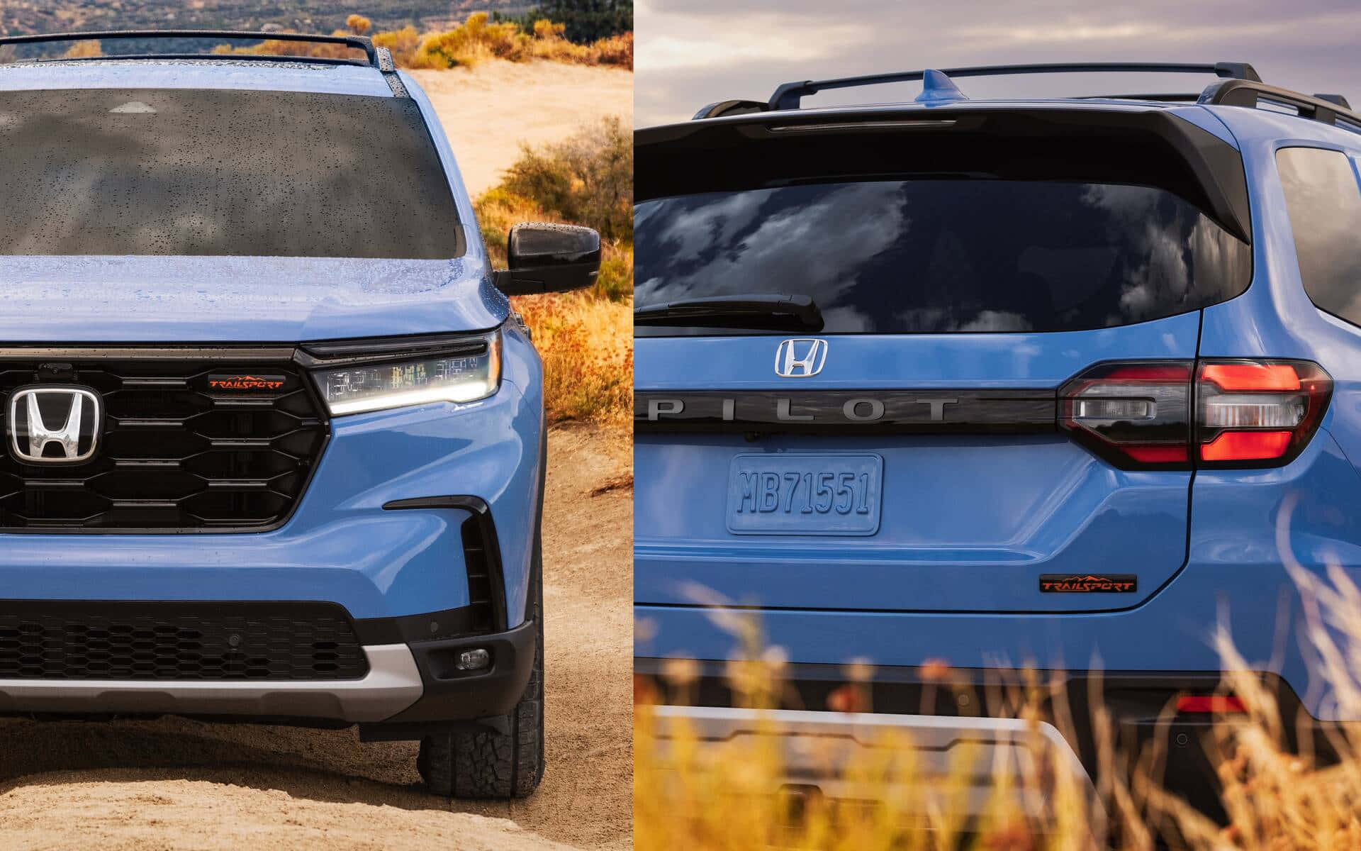 Honda Pilot 桌布 壁紙 — 一輛藍色本田Pilot SUV在乾燥草地上前後展示，天空多雲。