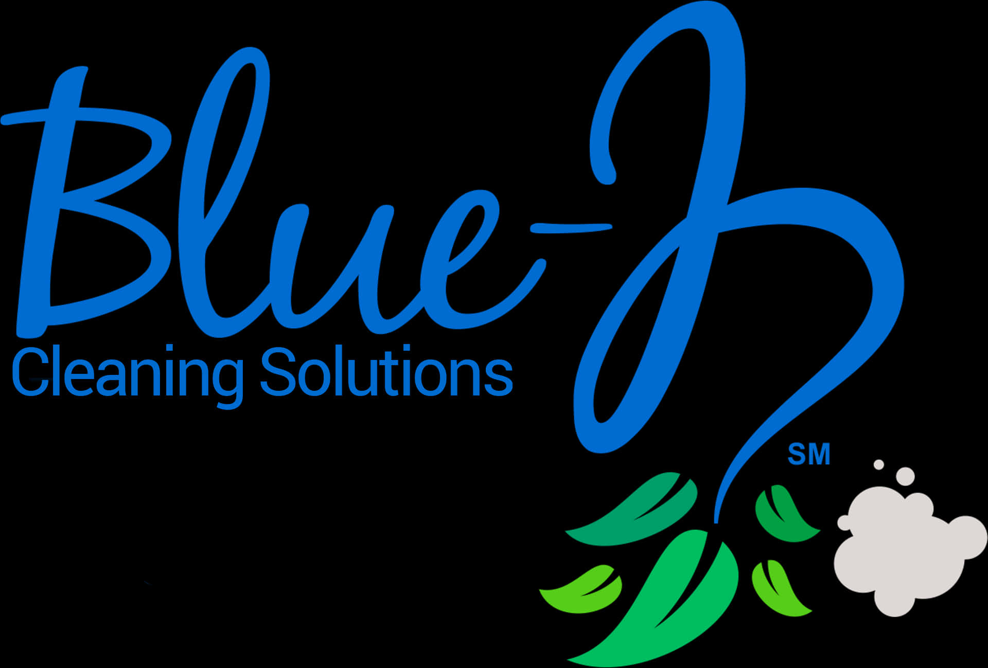 Blue-J 清潔解決方案標誌 壁紙 — Blue-J Cleaning Solutions 標誌，黑色背景上有藍色斜體文字、綠色葉子和白色雲朵。