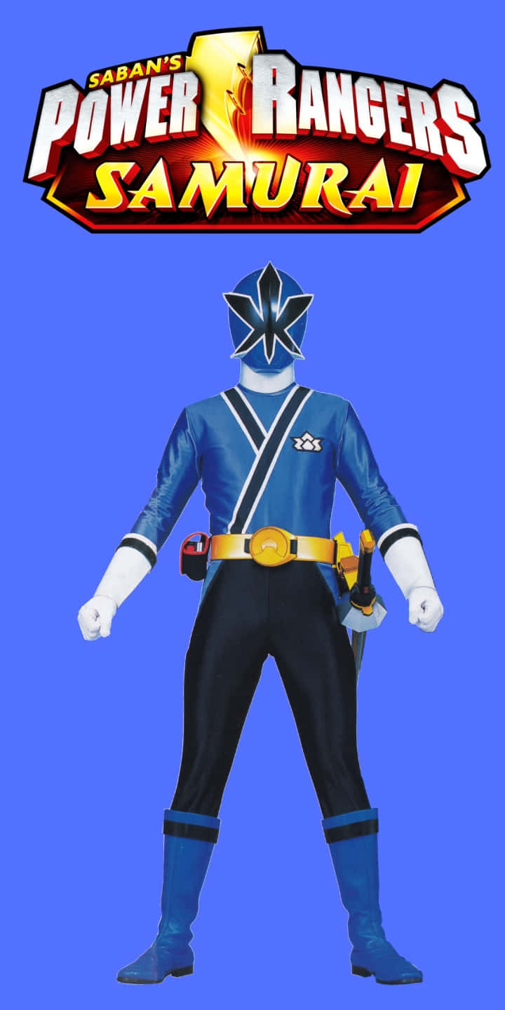  壁紙 — 藍色Power Ranger Samurai身穿全套服裝，站在純藍色背景前，上方有標誌。