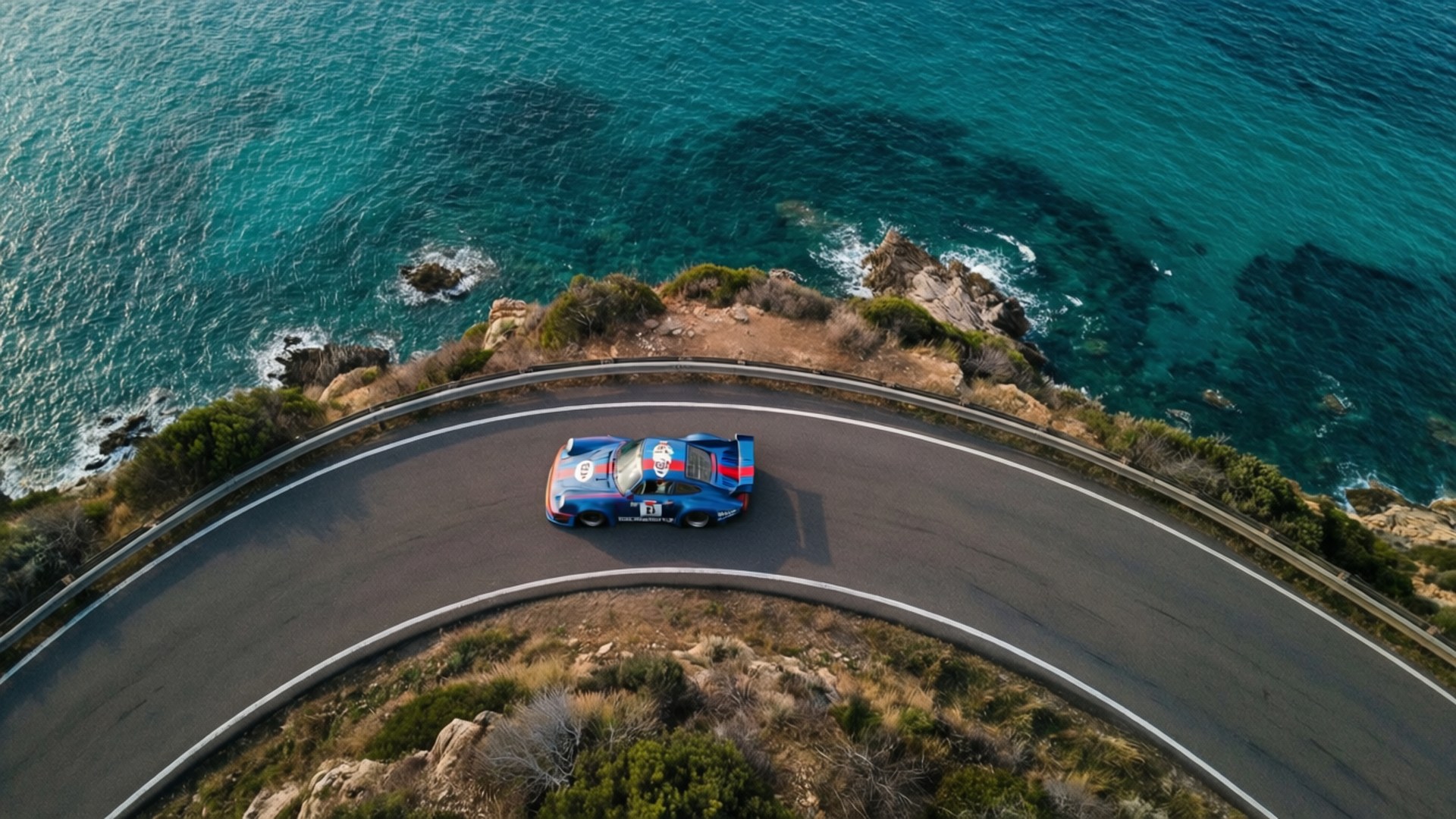 Martini Racing 桌布 壁紙 — 一架藍色賽車從高空視角沿著蜿蜒的海岸道路行駛，擁抱著碧綠的海水和岩石峭壁。