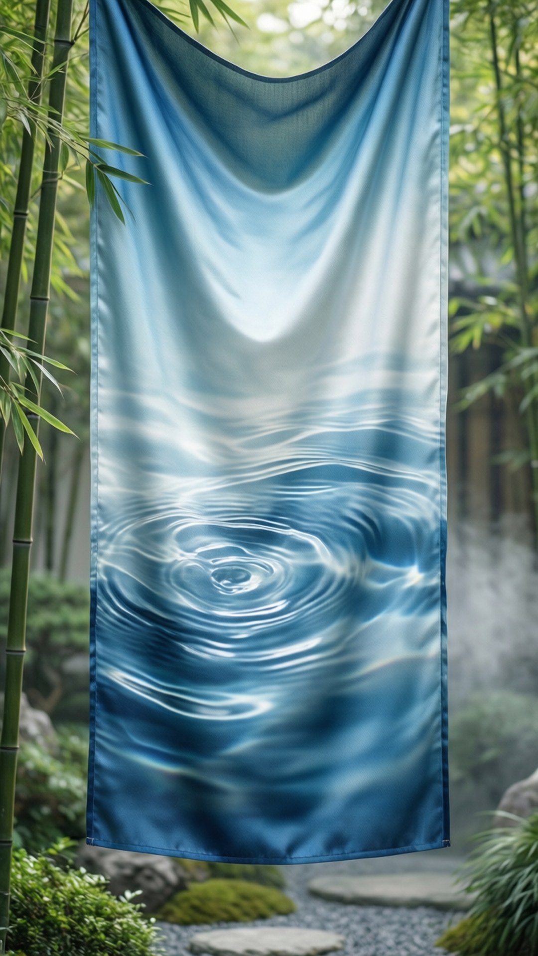 水波紋絲綢 壁紙 — 一幅帶有水波紋圖案的流動藍色緞面窗簾，懸掛在霧氣瀰漫的竹林花園中。