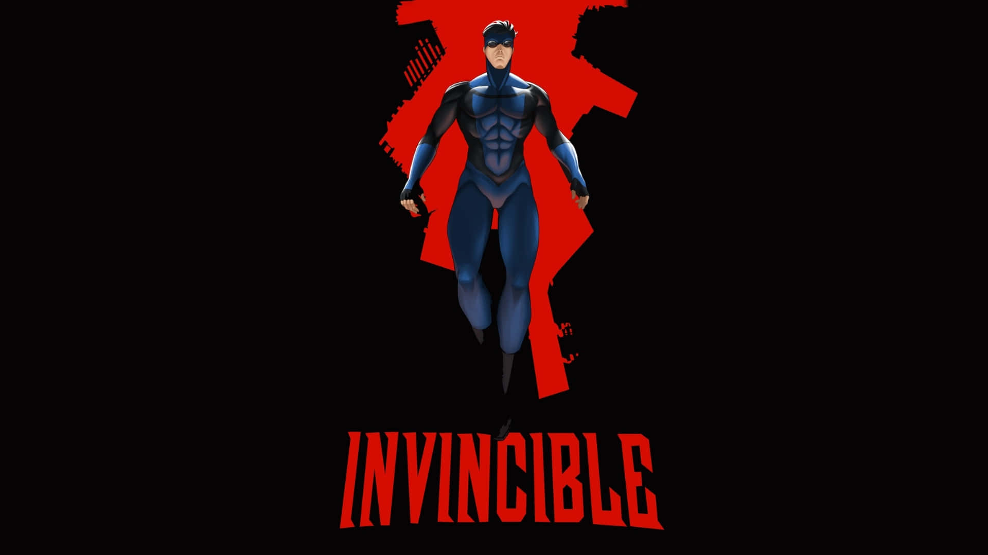 藍色緊身衣超級英雄，黑色背景上有紅色「X」和「INVINCIBLE」文字。 — 無敵 壁紙