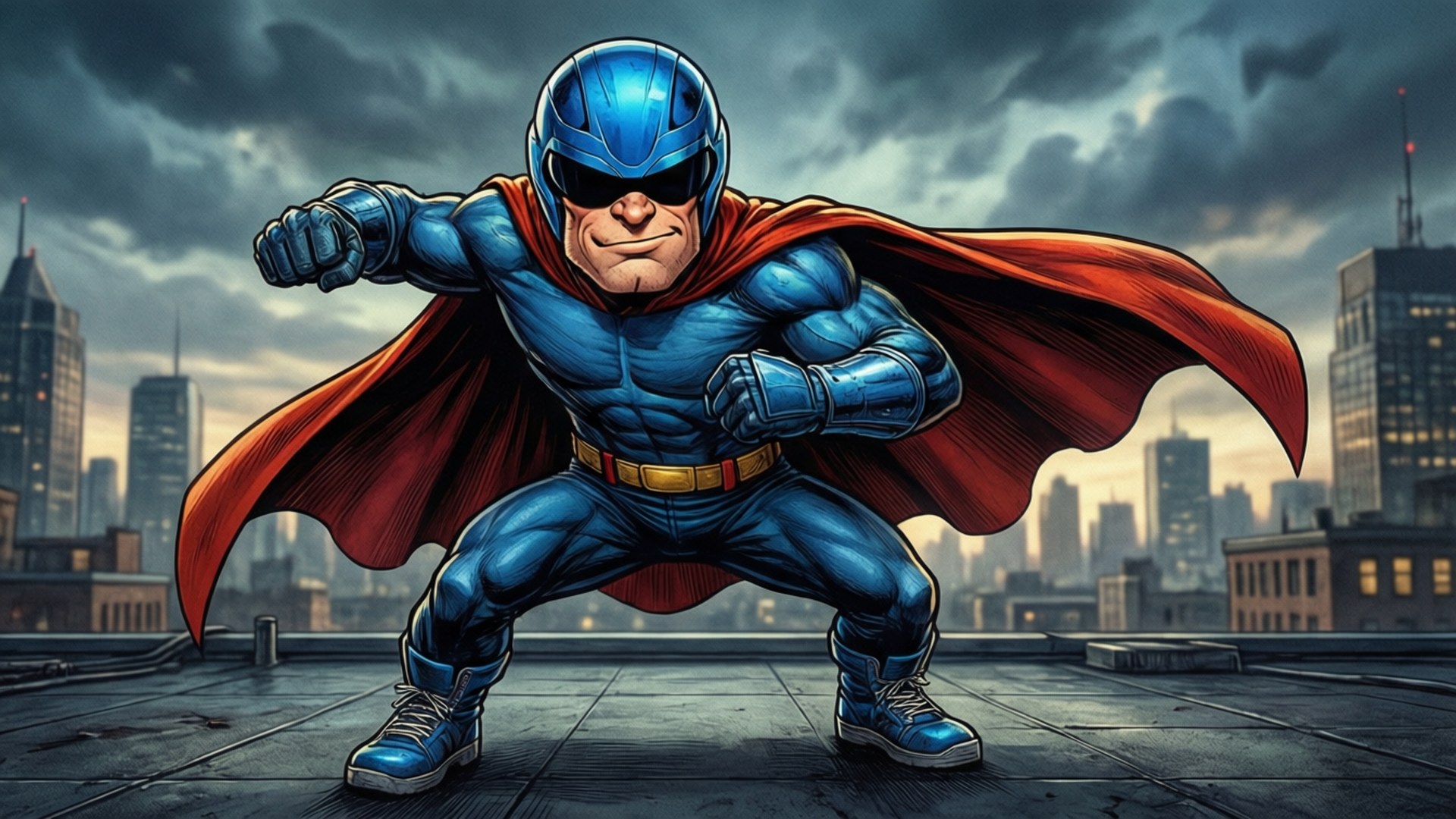Superhero Jeffy 壁紙 — 一位身穿藍色緊身衣、披著紅色斗篷的超級英雄，在暴風雨的天空下威風凜凜地站在城市屋頂上。