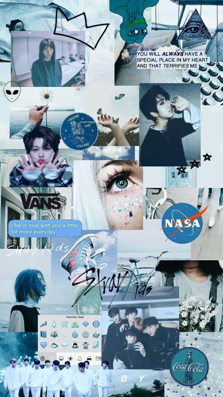 藍色主題 K-pop 偶像拼貼畫，配有蝴蝶、NASA 標誌和 Vans 運動鞋。 — Stray kids GIF 壁紙
