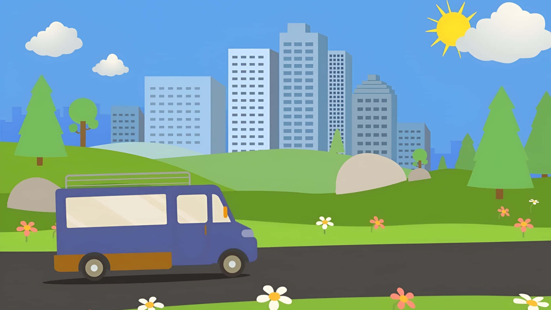  壁紙 — 一輛藍色貨車在道路上行駛，穿過綠色山丘，背景是城市摩天大樓和明亮的太陽。