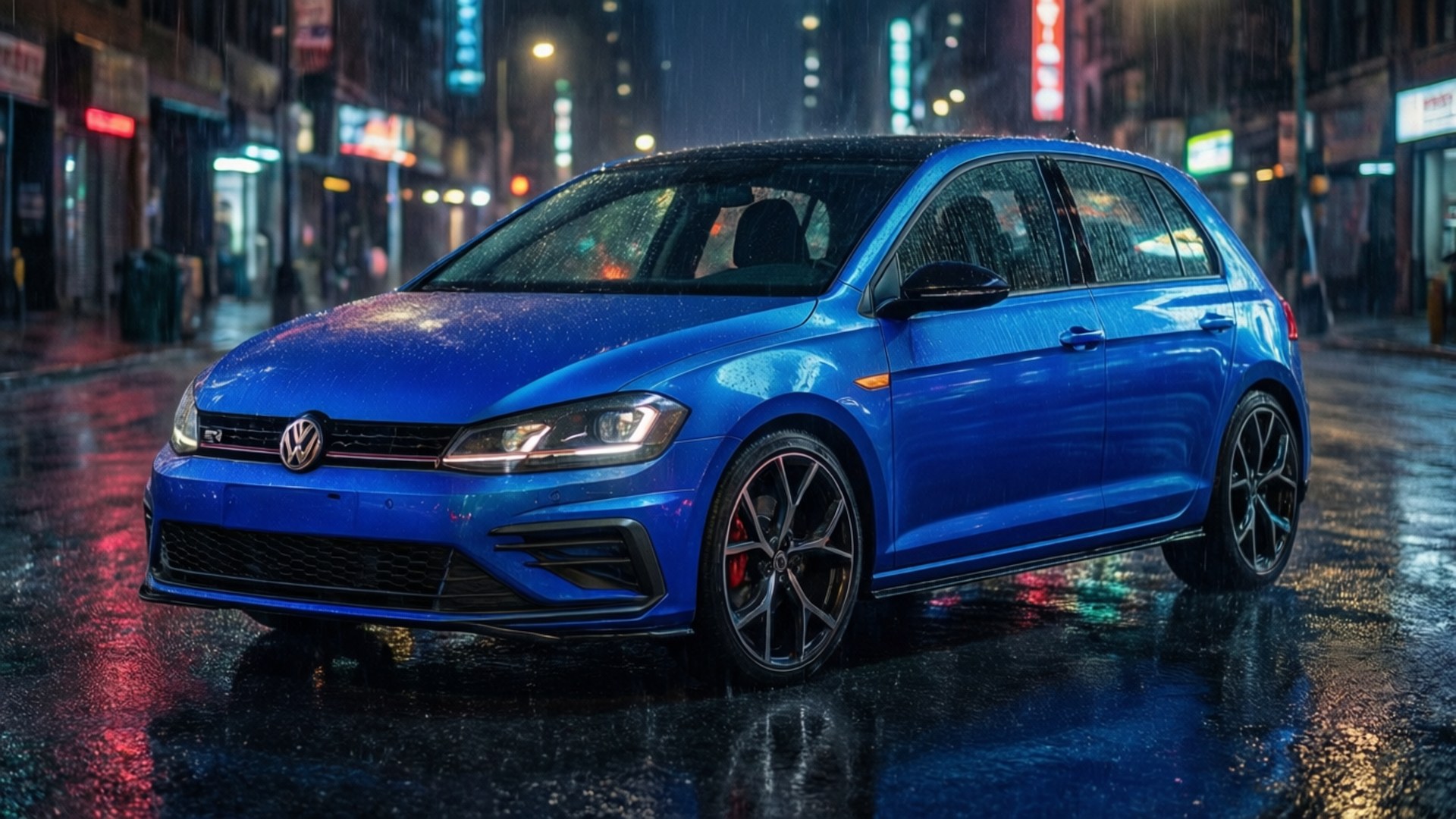 Jjettas 桌布 壁紙 — 一輛鮮藍色的Volkswagen Golf R在雨濕的夜城街道上，於霓虹燈下閃閃發光。