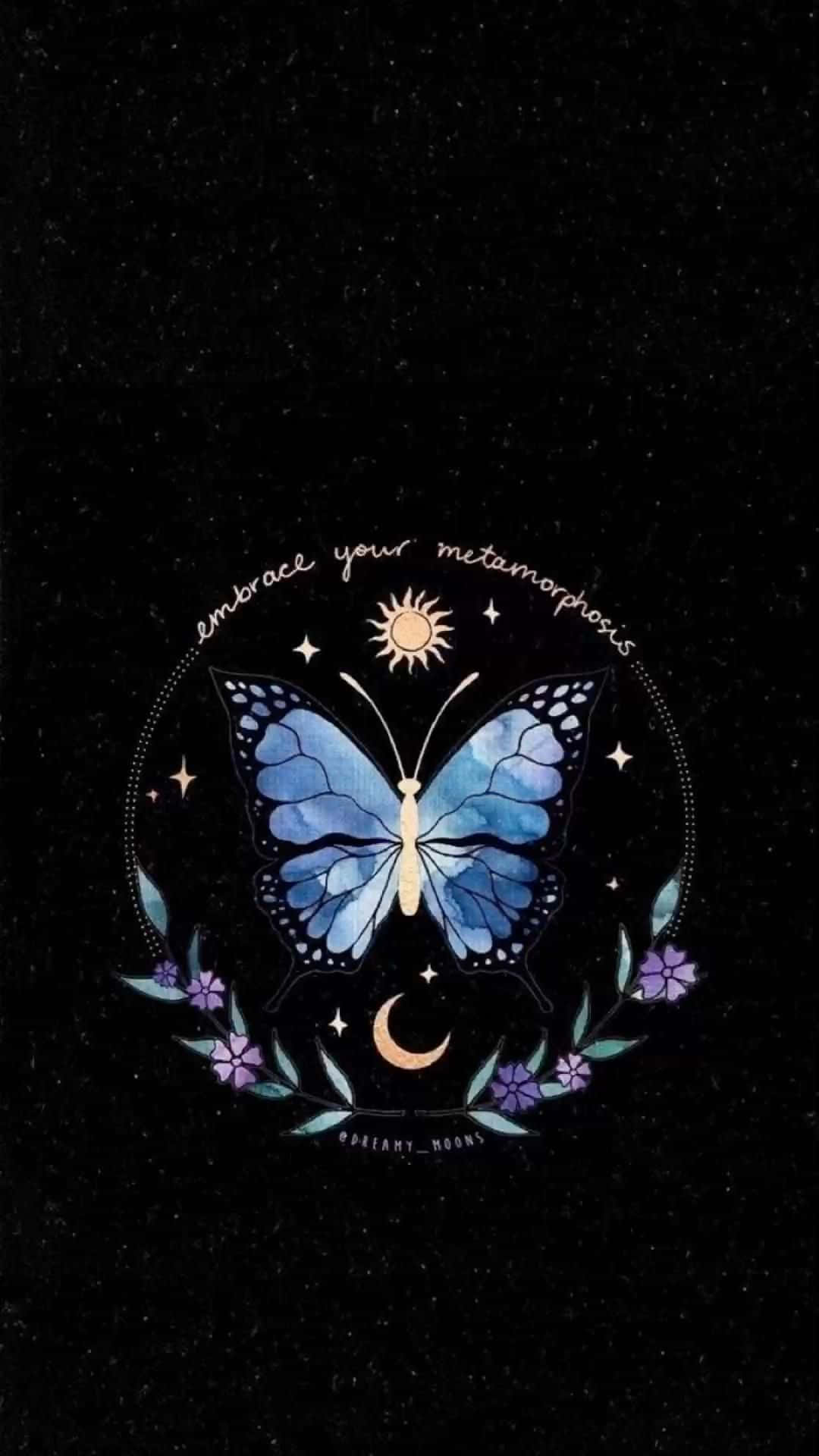 藍色蝴蝶，在星空背景下，帶有太陽、月亮和星星的宇宙花環。 — 唯美蝴蝶動圖 壁紙