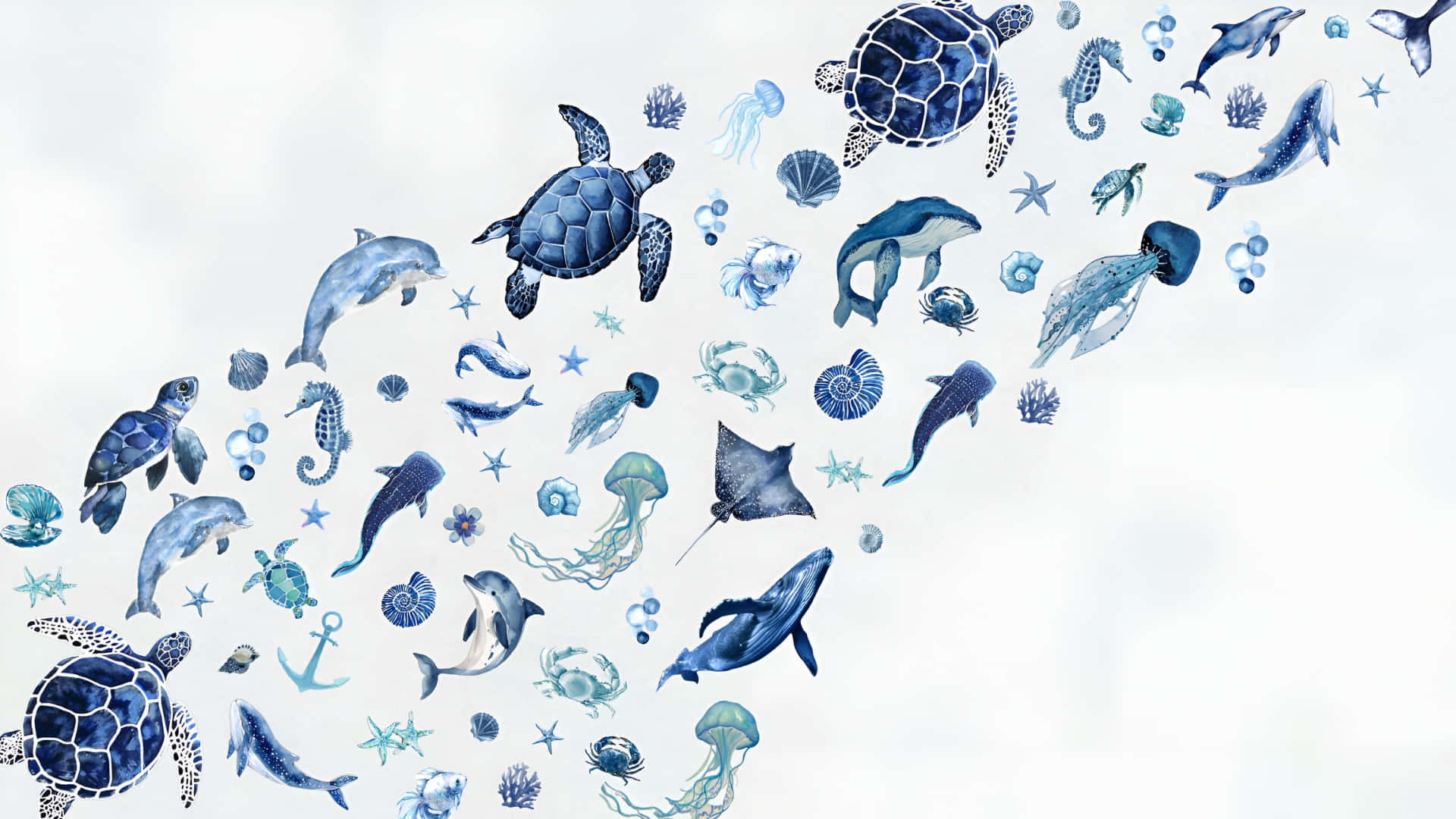  壁紙 — 一幅流動的藍色水彩插圖，描繪海龜、海豚、鯨魚和水母在柔軟的白色背景上漂浮。
