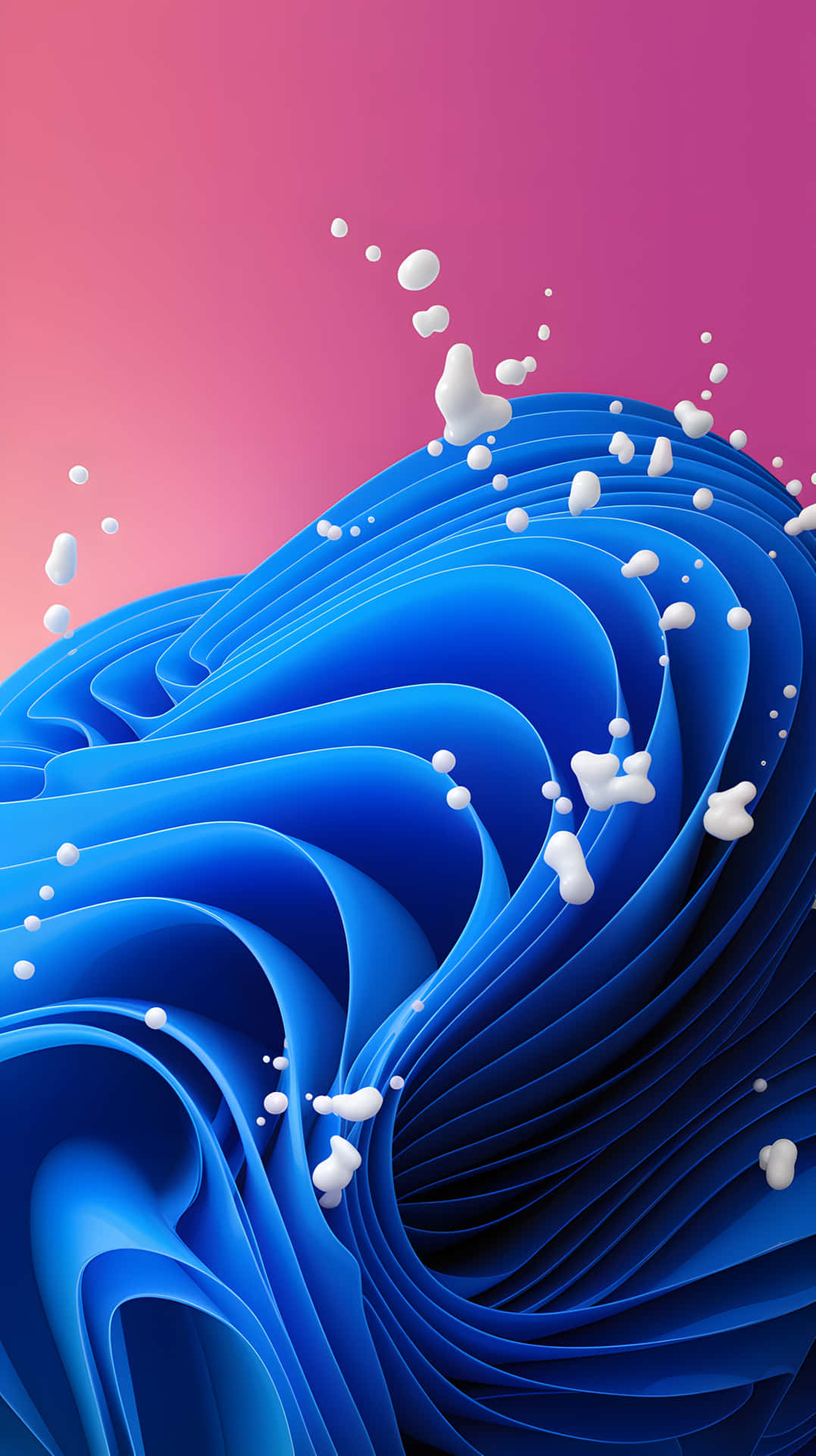 Blue Wave Abstract 壁紙 — 一個動態的藍色波浪，帶有白色水滴，在柔和的粉紅色漸變背景上向上彎曲。