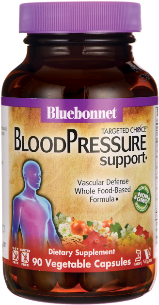Bluebonnet血壓支援膳食補充品瓶 壁紙 — 一瓶棕色Bluebonnet血壓支援膳食補充劑，帶有紫色蓋子和標籤，顯示人體輪廓和蔬菜。