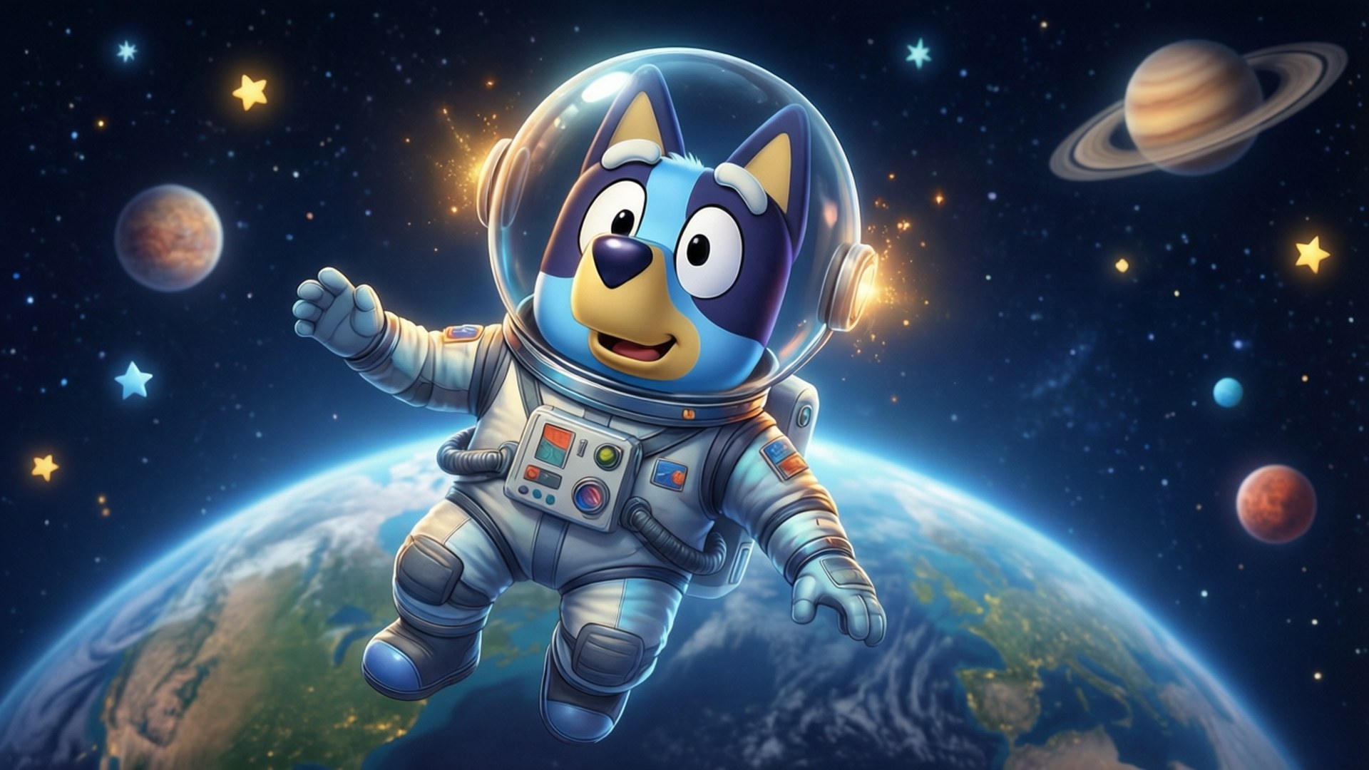 藍色卡通狗穿著太空衣在太空中漂浮，背景有地球和土星。