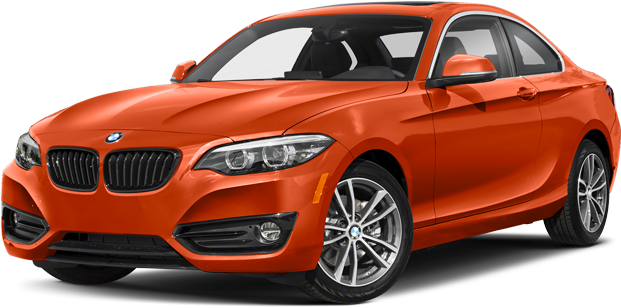紅色BMW 2系列轎跑車 壁紙 — 一輛鮮豔的橙色BMW 2系雙門轎跑車在攝影棚燈光下以純白背景展示。
