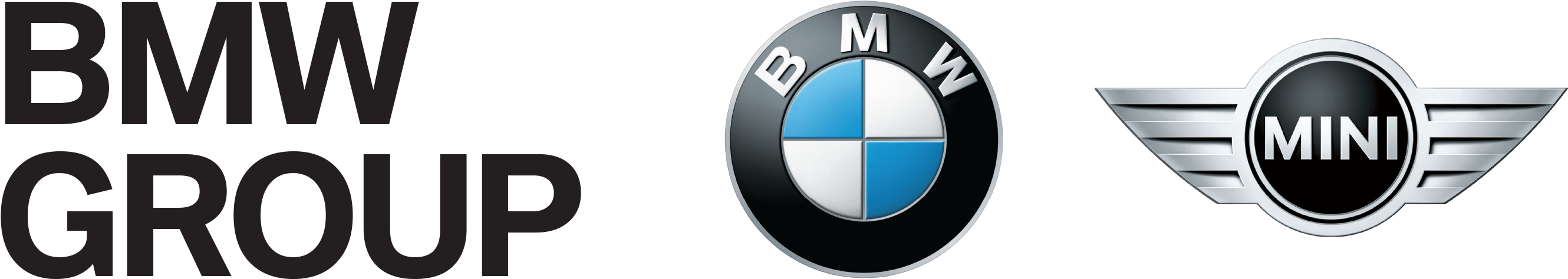 BMW集團標誌 壁紙 — 黑色背景，展示BMW集團標誌文字及標誌性的BMW和MINI徽章，採用金屬銀和藍色。