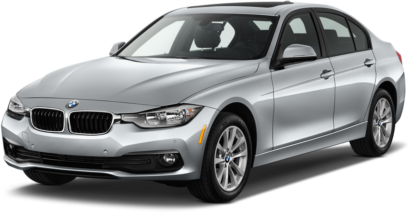 銀色BMW 3系列轎車 壁紙 — 一輛時尚的銀色BMW轎車在黑色背景下的攝影棚燈光中展示。