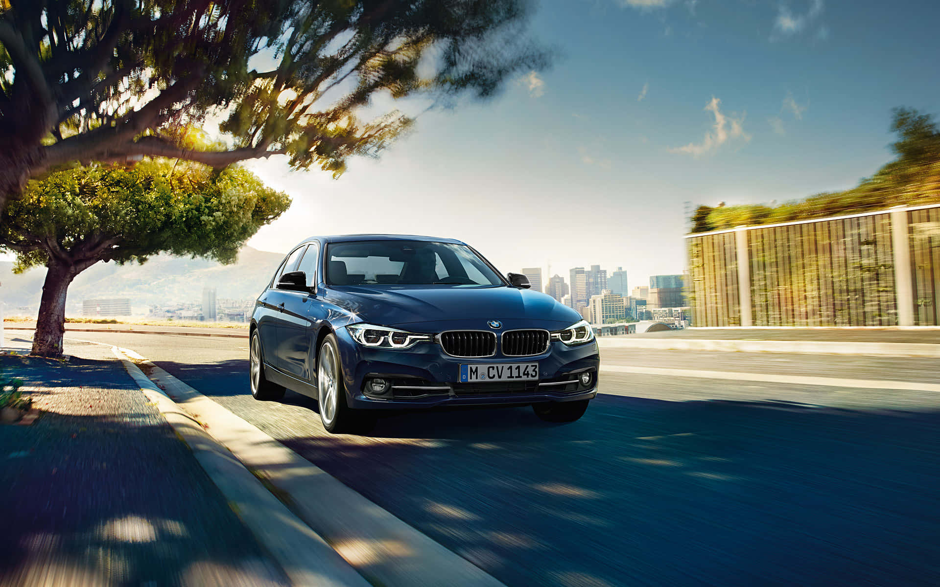 德國工程典範——BMW 328 壁紙 — 一輛時尚的藍色寶馬轎車沿著陽光明媚的海岸道路行駛，背景是城市天際線和一棵枝葉茂密的樹木。