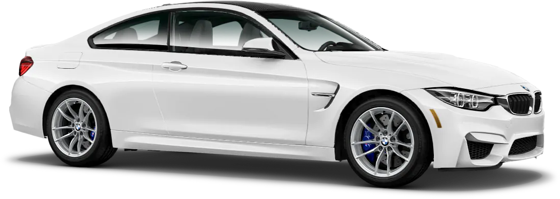 白色BMW 4系列轎跑車側面視圖 壁紙 — 一輛時尚的白色BMW M4雙門轎跑車，配備藍色制動卡鉗和銀色合金輪圈，在黑色背景上以側面展示。