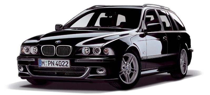 黑色BMW 5系列E39旅行車 壁紙 — 一輛時尚的黑色BMW 5系旅行車，配備銀色輪圈和光澤飾面，在攝影棚燈光下展示。