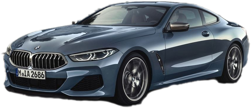 藍色BMW 8系列轎跑車側面視圖 壁紙 — 一輛時尚的金属藍色寶馬8系轎跑車，線條銳利，車頭燈發光，背景透明。