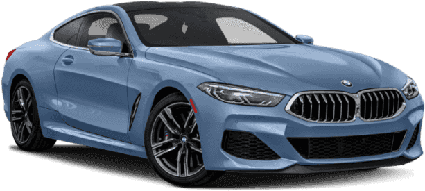 藍色BMW 8系列 Coupe側面視圖 壁紙 — 一輛時尚的淺藍色BMW 8系轎跑車，帶有黑色飾邊和合金輪圈，在攝影棚燈光下展示。