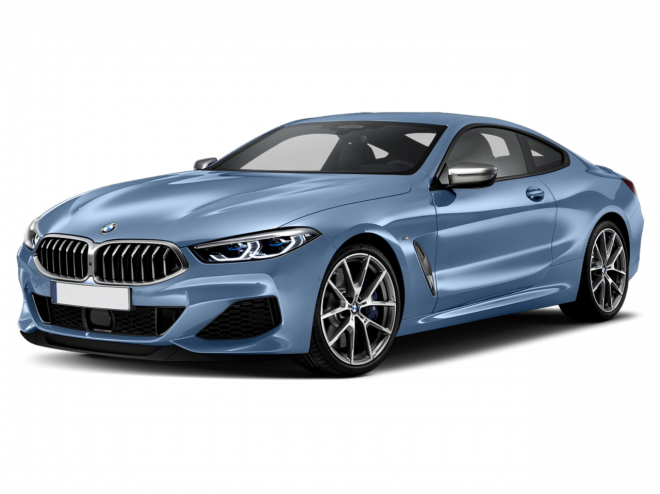 藍色BMW 8系列轎跑車 壁紙 — 一輛時尚的淺藍色BMW 8系轎跑車在純黑色背景下的影樓燈光中閃耀。
