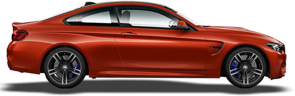 紅色BMW Coupe側面視圖 壁紙 — 一輛時尚的橙色BMW M4雙門轎跑車，側面展示，配備黑色輪圈和藍色制動卡鉗，背景透明。