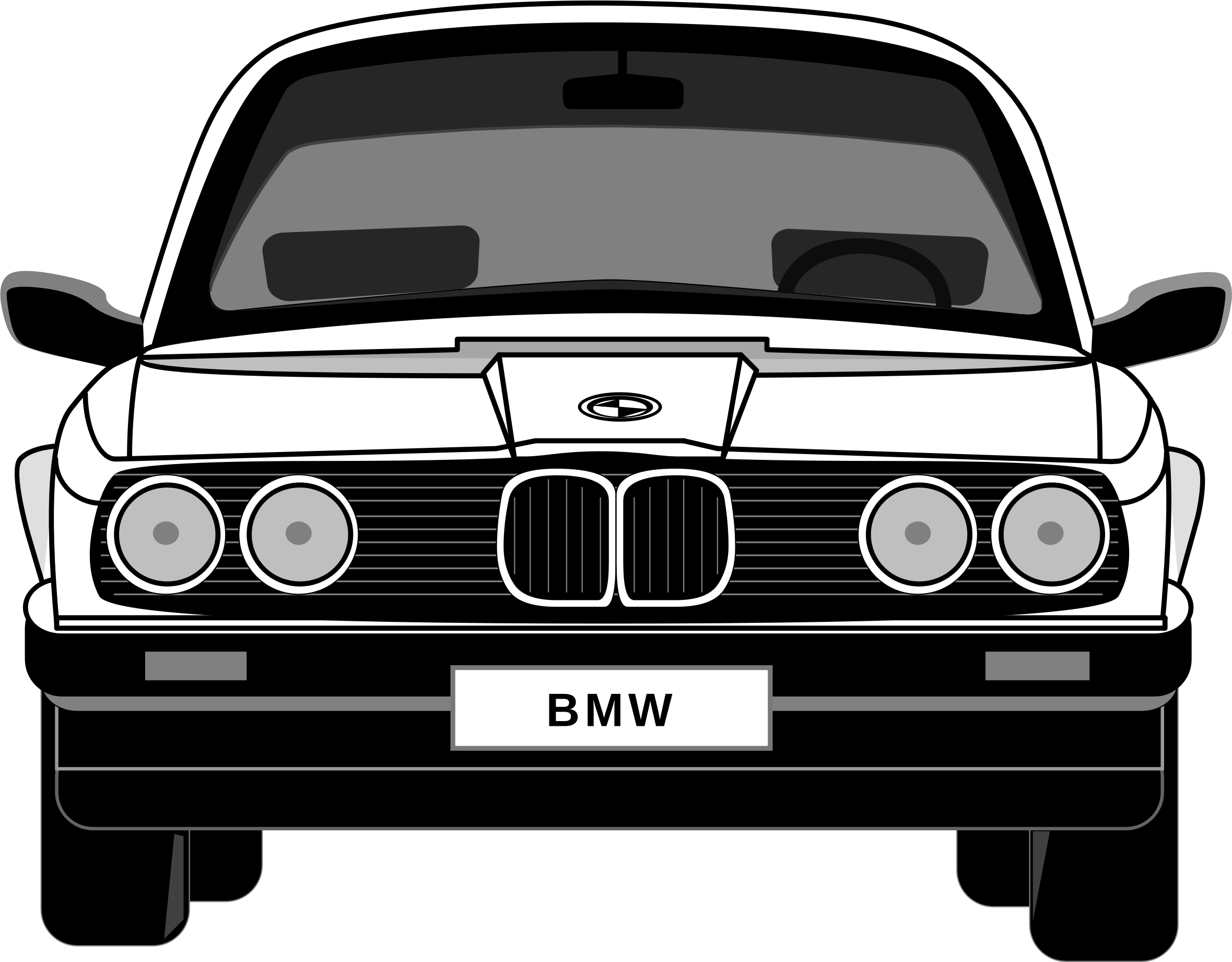 經典BMW正面向量圖 壁紙 — 經典寶馬汽車的前視圖，以單色線條藝術呈現，具有粗線條輪廓和灰階陰影。