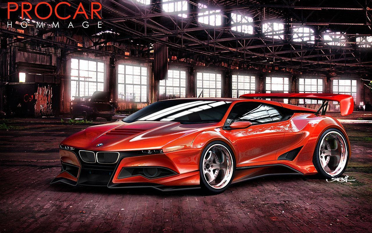 BMW Hommage - 真正酷炫的跑車 壁紙 — 一輛火橙色未來主義跑車，帶有大型後擾流板，戲劇性地停放在一個破舊的工業倉庫中，倉庫有高窗。