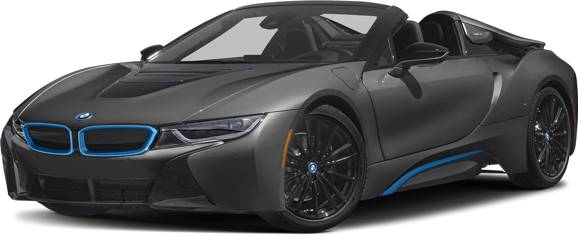 BMW i8敞篷車精緻設計 壁紙 — 黑色背景上，一輛時尚的啞光灰色BMW i8敞篷跑車，帶有發光藍色飾邊和黑色輪圈。