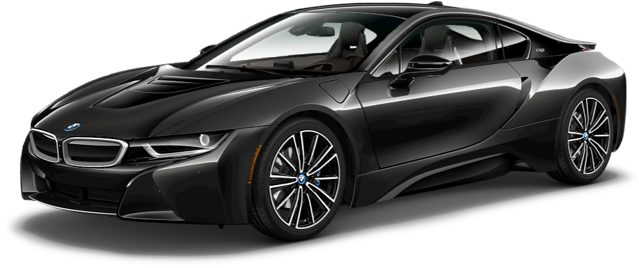 黑色BMW i8側面視圖 壁紙 — 一輛時尚的黑色BMW i8跑車，帶有銀色飾邊和空氣動力學設計，在透明背景上以側面展示。
