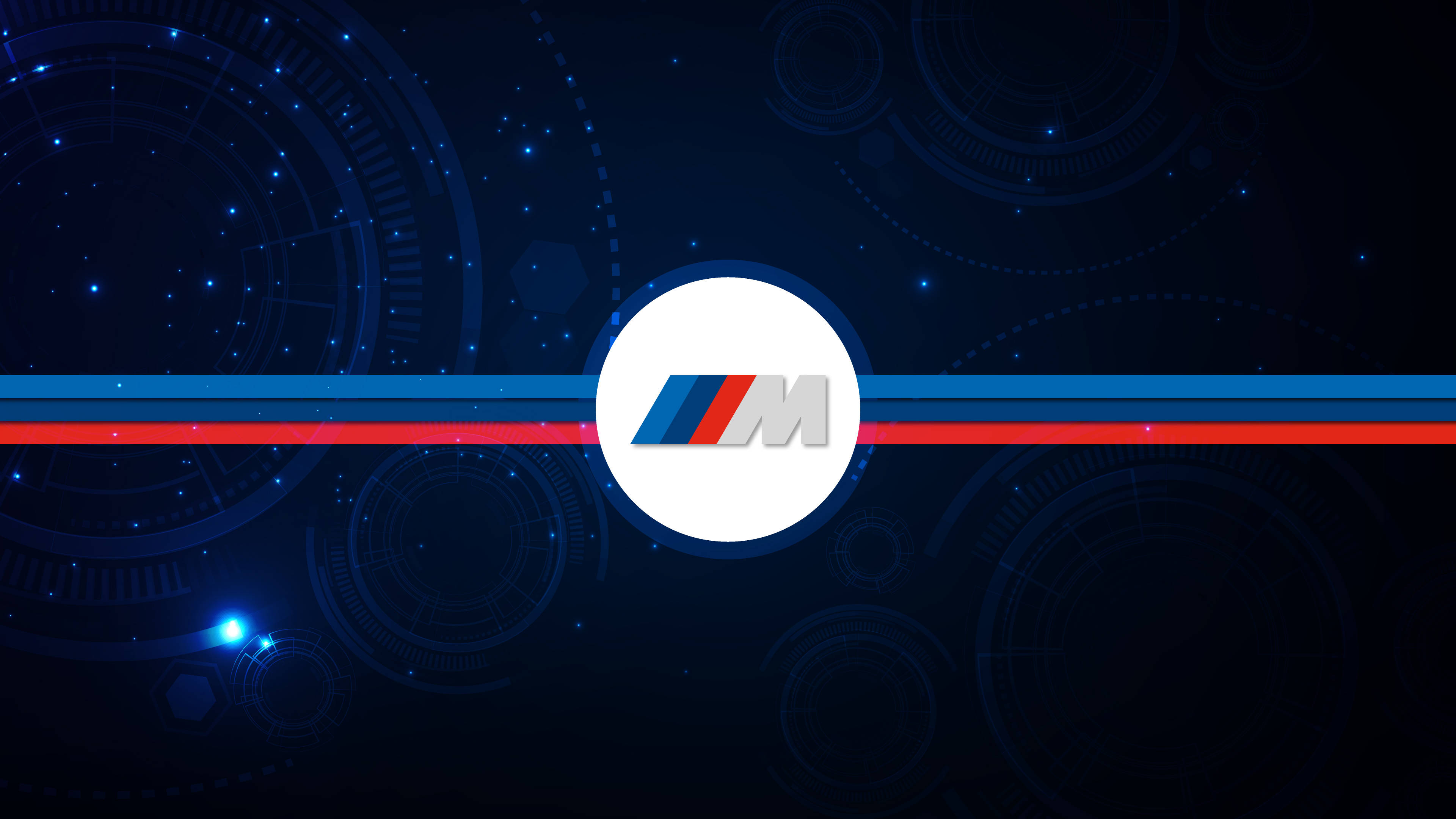 齒輪BMW M標誌壁紙 壁紙 — BMW M 標誌居中於深藍色數碼介面，帶有發光圓形圖案和紅藍條紋。