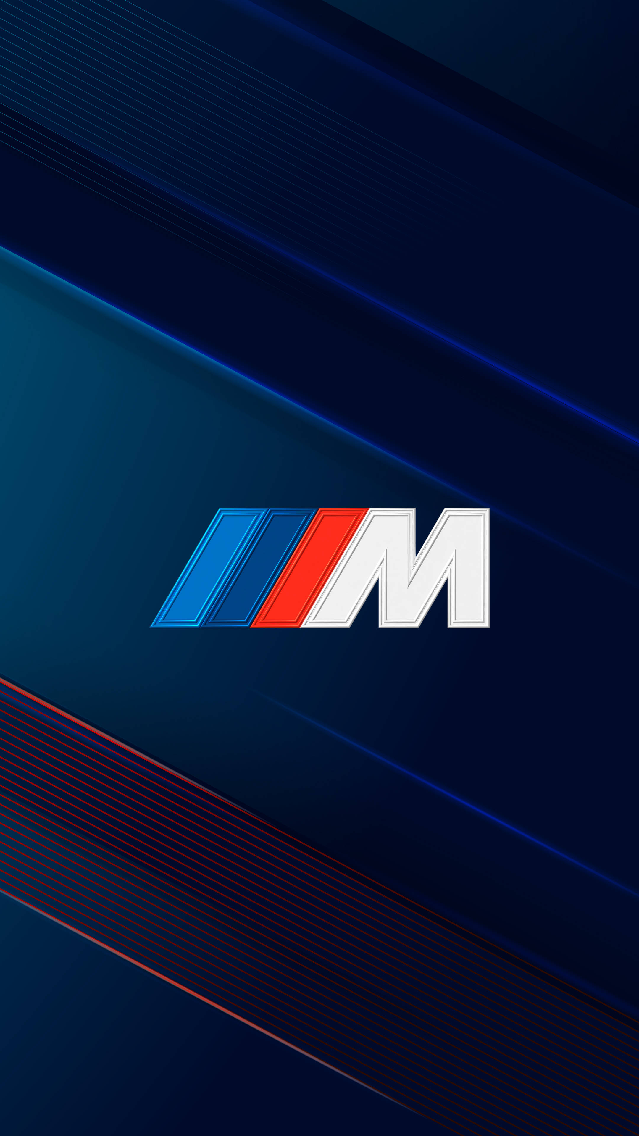 BMW M標誌條紋壁紙 壁紙 — 一個時尚的BMW M標誌，位於動態深藍色背景中央，帶有發光的紅色和藍色對角線條紋。