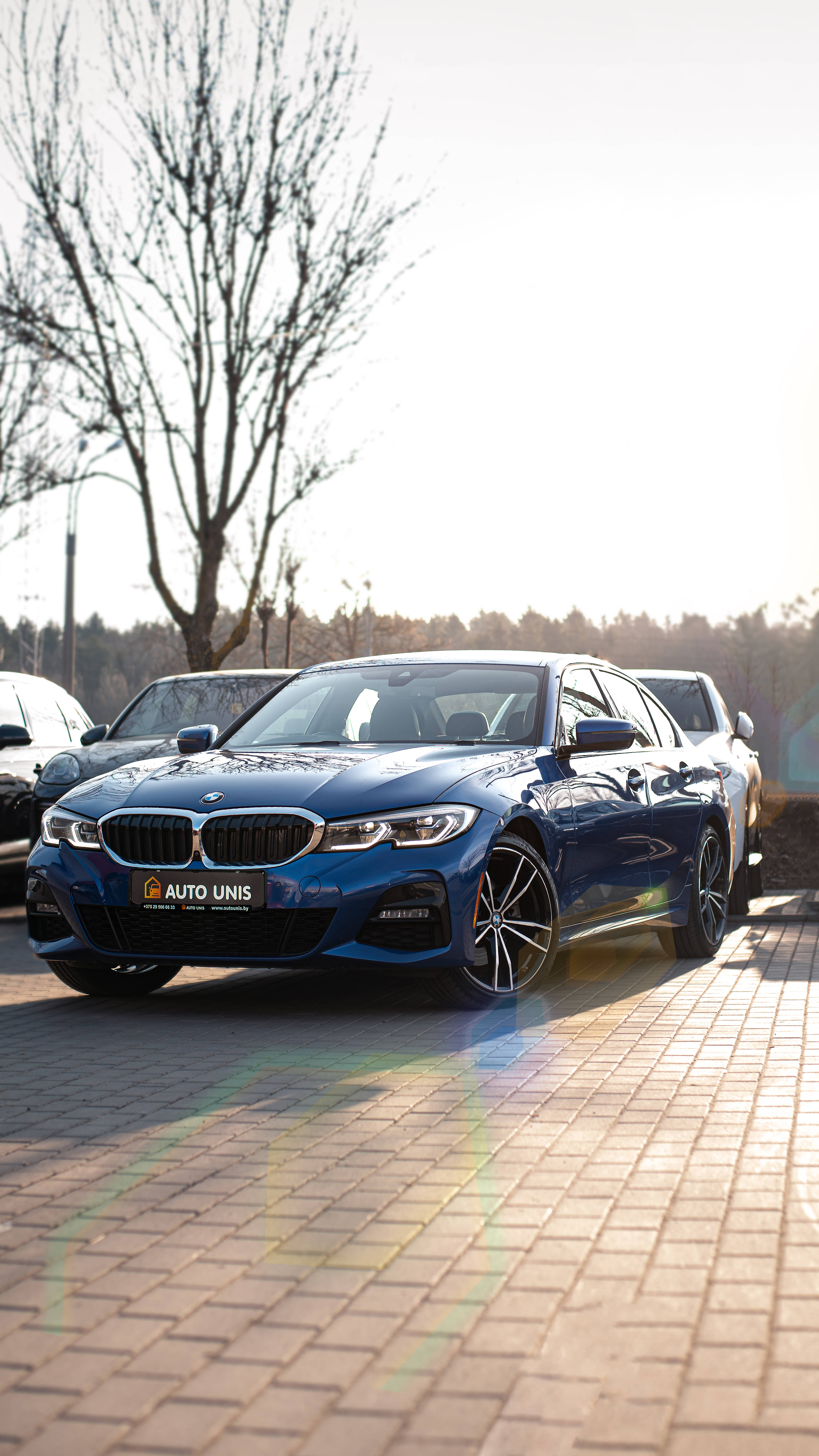 藍色BMW M系列跑車 壁紙 — 一架時尚的藍色寶馬房車在陽光普照的磚砌車道上閃閃發光，背景是光禿的樹木和柔和的金色光線。