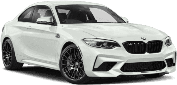 白色BMW M2 Competition側面視圖 壁紙 — 一輛時尚的白色BMW M2雙門轎跑車，配備黑色輪圈和激進的前格柵，在攝影棚燈光下展示。