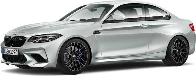 銀色BMW M2 Coupe側面視圖 壁紙 — 一輛時尚的銀色BMW M2雙門轎跑車，配備黑色輪圈和藍色制動卡鉗，在黑色背景上以側面展示。