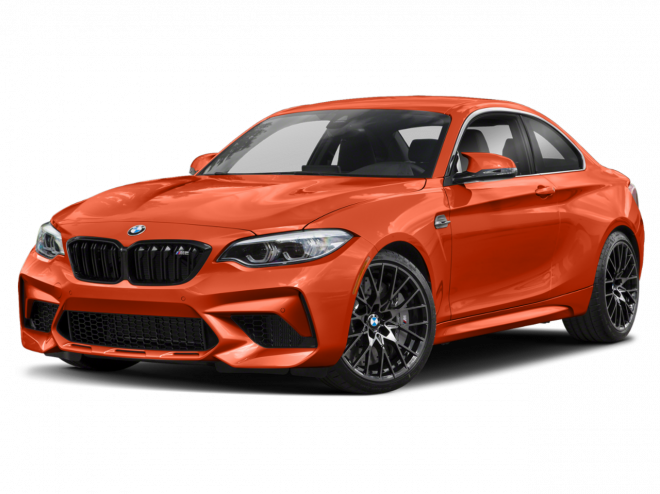 紅色 BMW M2 Coupe 側面視圖 壁紙 — 一輛充滿活力的橙色BMW M2雙門轎跑車，帶有黑色飾件和運動設計，在純黑色背景下脫穎而出。