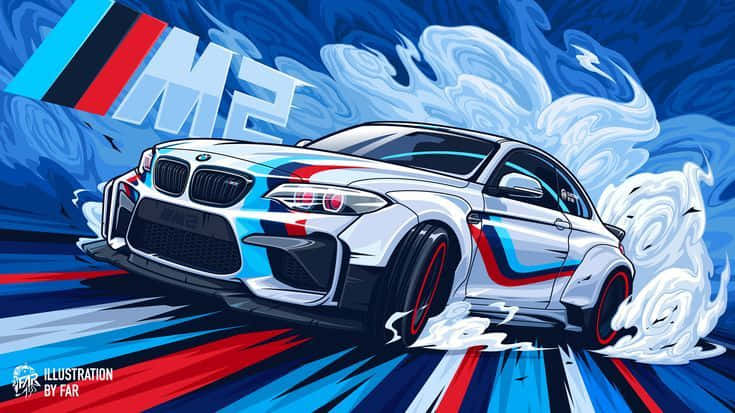 白色BMW M2賽車在藍色和紅色賽道上飄移，帶有煙霧痕跡
