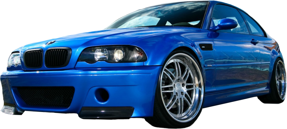 藍色 BMW M3 Coupe 側面視圖 壁紙 — 一輛在工作室環境中展示的亮藍色BMW M3跑車，配備定制輪圈和降低的懸掛系統。