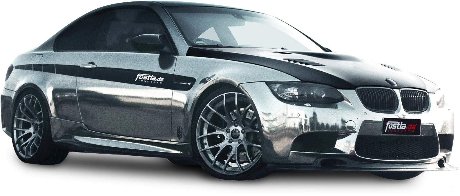 客製化 BMW M3 Coupe 側面視圖 壁紙 — 一架流線型銀色寶馬M3雙門跑車，帶有黑色賽車條紋和定制輪圈，孤立地矗立在純黑色背景上。