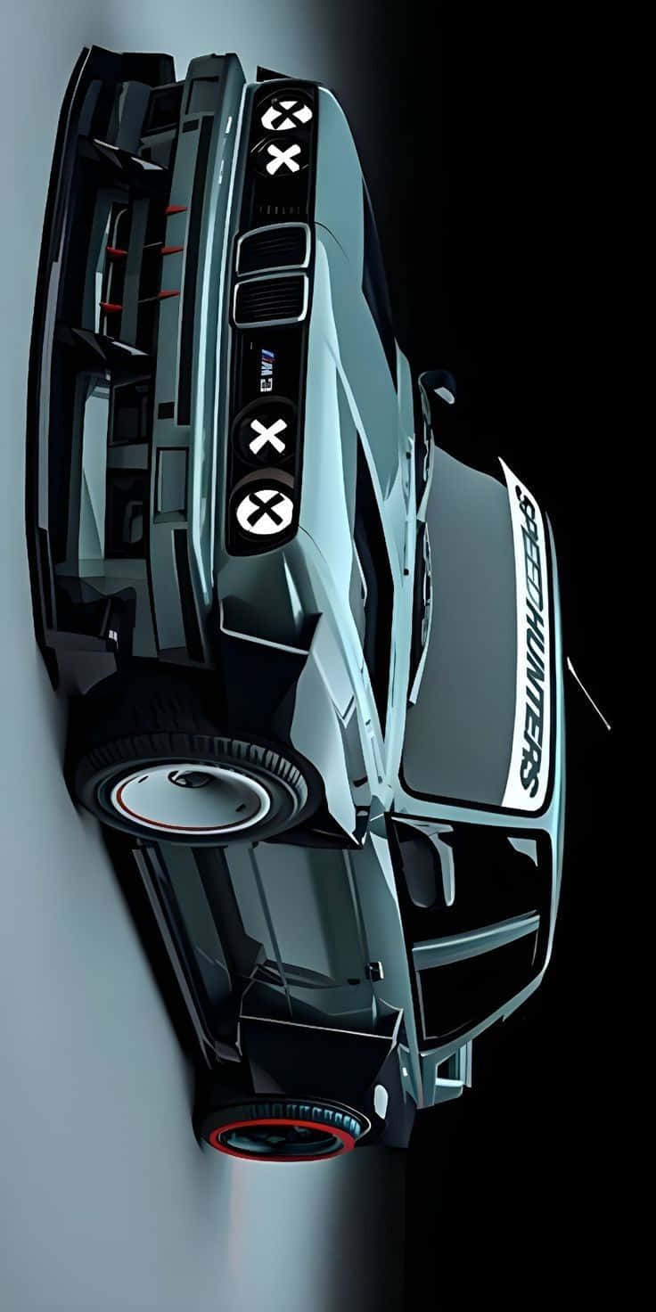 BMW M3 壁紙 — 一輛帶有 'SPEEDHUNTERS' 品牌標誌和發光紅色點綴的時尚銀色賽車，以戲劇性的角度傾斜在黑暗背景上。