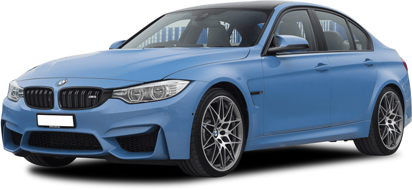 藍色 BMW M3 車型 壁紙 — 一部時尚的淺藍色BMW M3轎車，配備銀色合金輪圈和黑色飾邊，在透明背景上以工作室燈光展示。