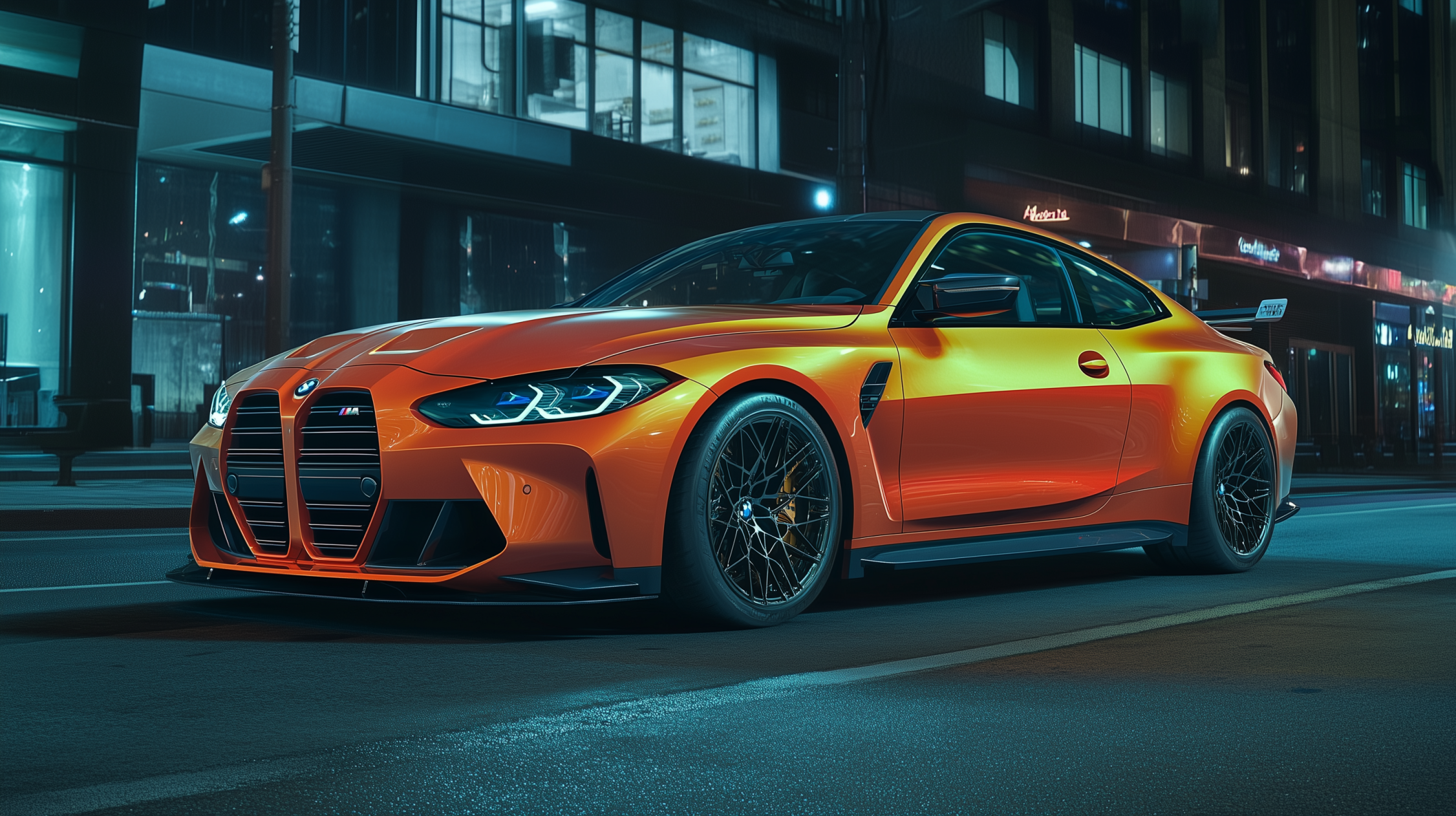 BMW M4 24 壁紙 — 一輛鮮豔的橙色BMW M4轎跑車在夜間濕漉漉的城市街道上，在霓虹燈下閃閃發光。