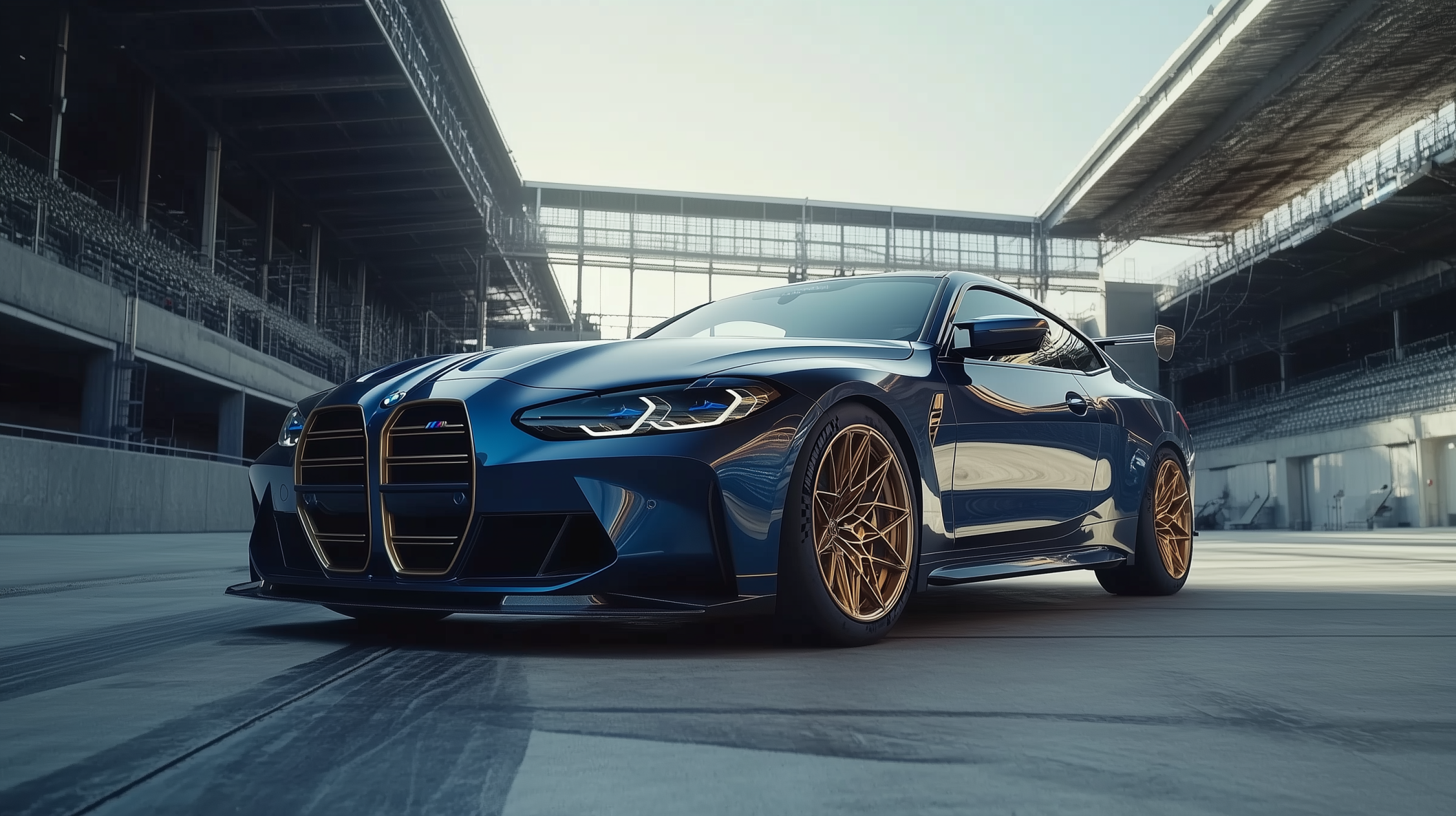 BMW M4 26 壁紙 — 一輛時尚的藍色BMW M4配金色輪圈停泊在賽道看台下。