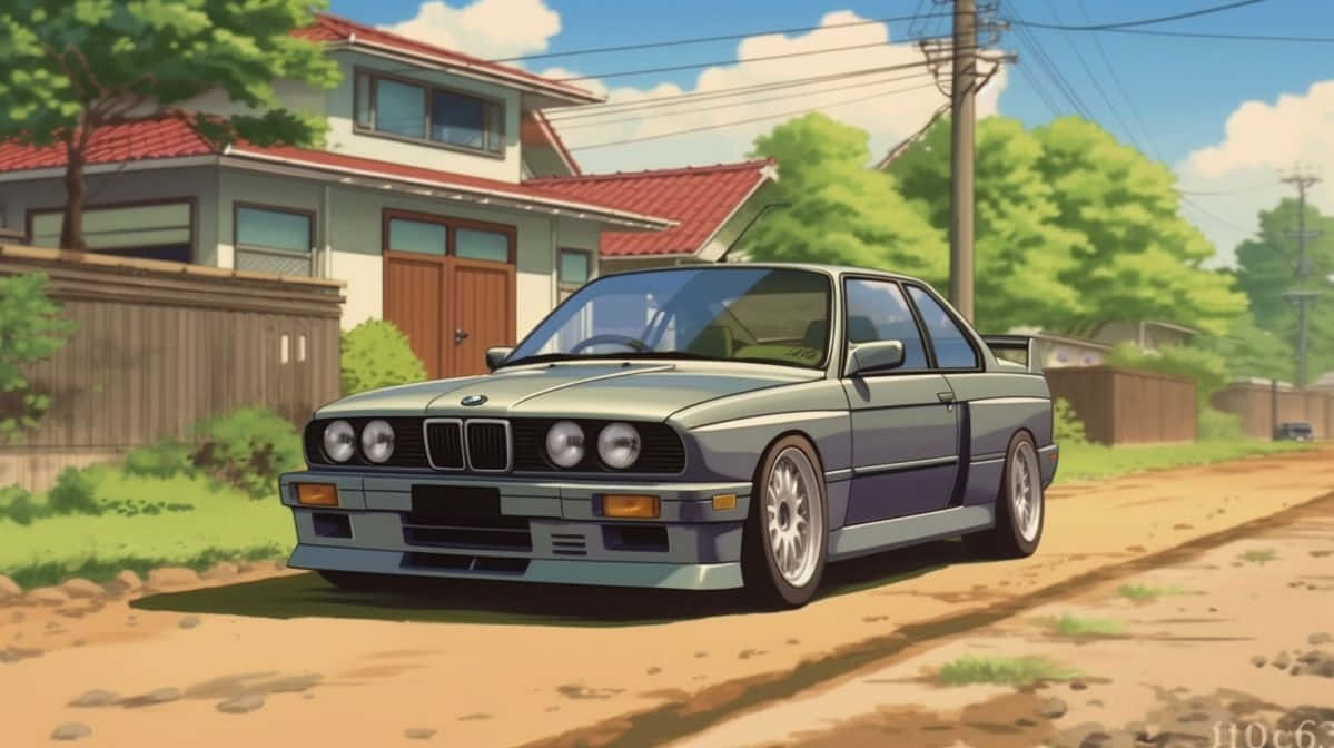 銀色寶馬E30雙門轎跑車停泊在泥路旁，靠近一間有紅屋頂和綠樹的郊區房屋。