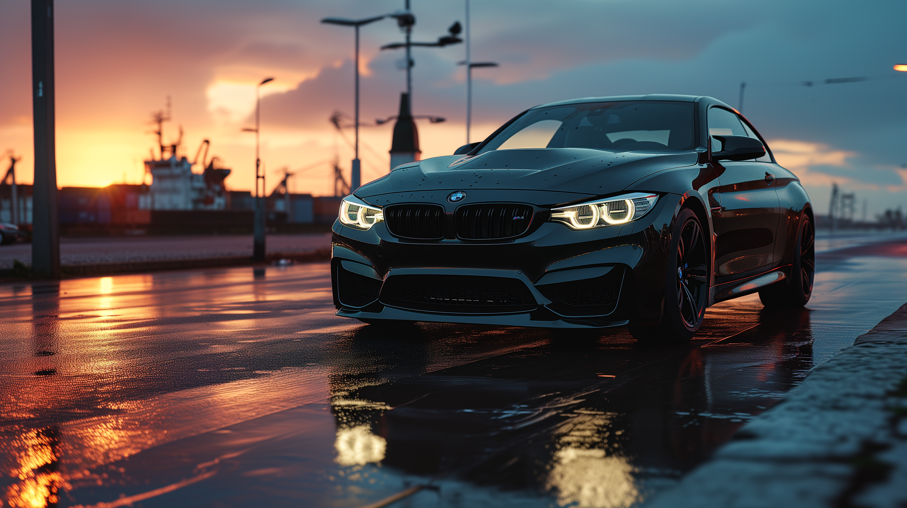 BMW M4 9 壁紙 — 一輛時尚的黑色BMW M4雙門轎跑車在日落時分的濕潤港口道路上閃閃發光，發光的車頭燈反射在雨水浸濕的路面上。